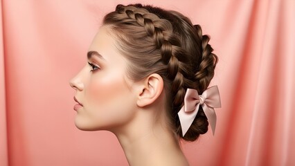 Elegant braided hairstyle with a bow against a pink backdrop.