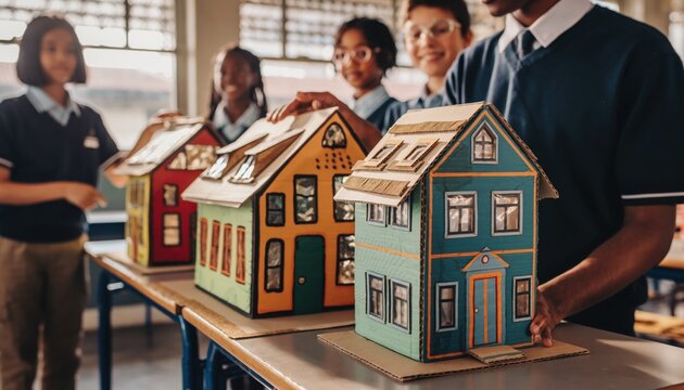 Diverse Elementary School Children Presenting Colorful Handcrafted Cardboard House Models from Recycled Materials on Classroom Table