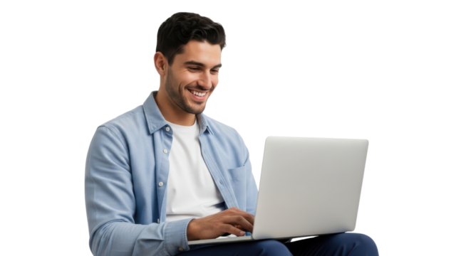 Handsome young man smiling while typing on a laptop isolated on white background.