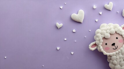 A cute, white sheep with a pink face and pink ears, sitting on a purple background with white hearts scattered around.