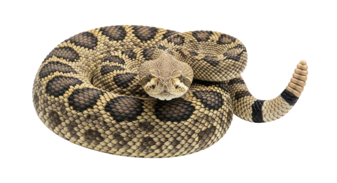 Coiled rattlesnake with diamond pattern isolated on white studio background.