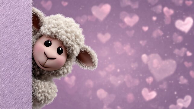 A cute cartoon lamb peeking out from behind a purple banner with a heart pattern, against a purple background with heart shapes.