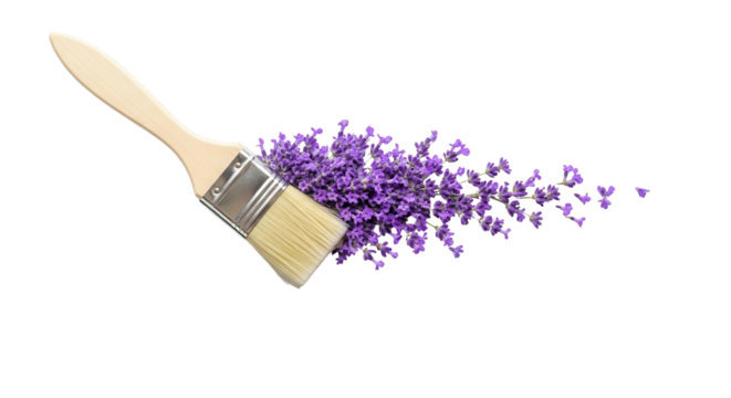 Isolated Wooden Paint Brush Creating a Stroke of Vibrant Purple Flowers on White
