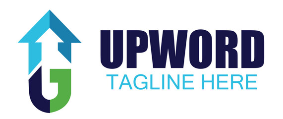 Upword logo with an upward arrow, house icon, and letter g, representing growth, progress, and success, isolated on white background