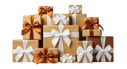 Stack of gift boxes with ribbons isolated on transparent background