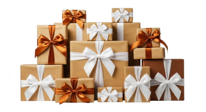 Stack of gift boxes with ribbons isolated on transparent background