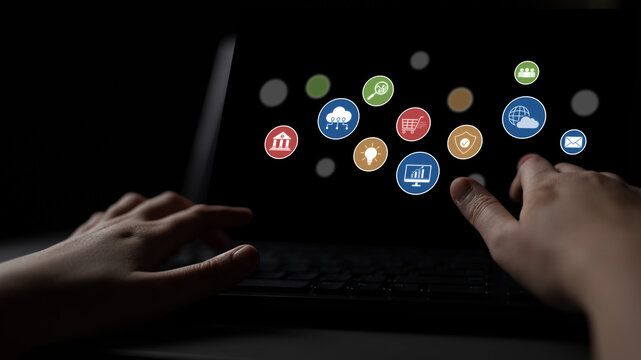 Set of business and digital service icons representing finance, cloud, analytics, email, communication, ecommerce, cybersecurity, and global connectivity in a modern ecosystem Latch