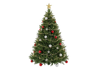Decorated christmas tree with lights and ornaments isolated on transparent background