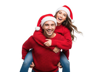Joyful couple in santa hats giving a piggyback ride, isolated on transparent background