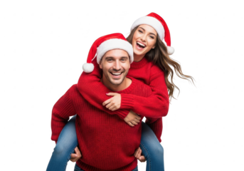Joyful couple in santa hats giving a piggyback ride, isolated on transparent background