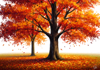 Vibrant autumn trees with falling leaves and warm light