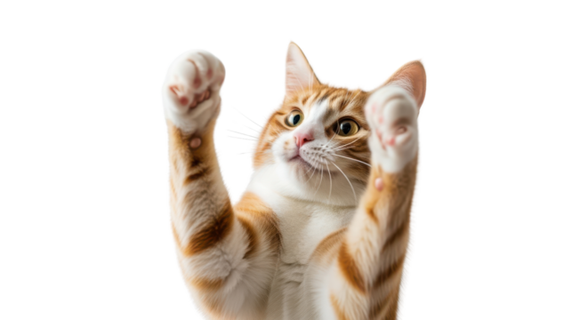 Cute Orange and White Ginger Cat Standing Up Reaching With Both Paws Raised, Isolated on White.