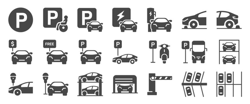 Car parking icon set. It included electric car charging, motorcycle parking, bus parking and more icons. Editable