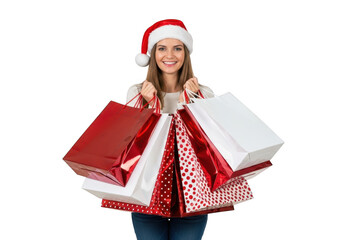 Woman in santa hat holding shopping bags, isolated on transparent background