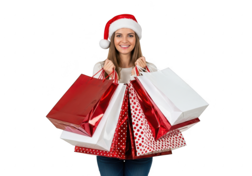 Woman in santa hat holding shopping bags, isolated on transparent background - Powered by Adobe