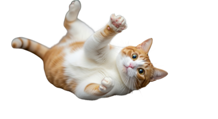 Playful Orange and White Tabby Cat Falling Down, Lying on Back with Paws Up, Isolated on White Background