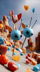 Two whimsical blue candy bugs with antennae and orange wings on sticks, scattered among various colorful candies and sweets on a textured surface. The backgroun