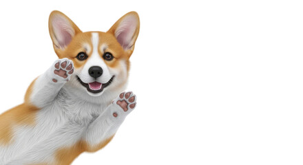 Obraz premium Smiling Corgi puppy pressing paws against glass isolated on white background