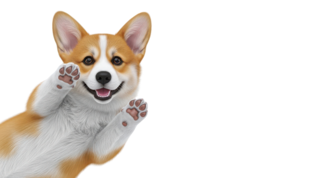 Smiling Corgi puppy pressing paws against glass isolated on white background