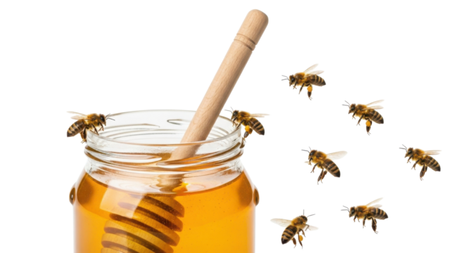Golden Liquid Honey in Glass Jar with Wooden Dipper and Multiple Honeybees Isolated