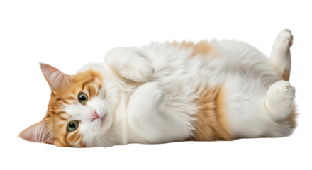 Cute domestic orange and white cat lying on its back isolated on white background