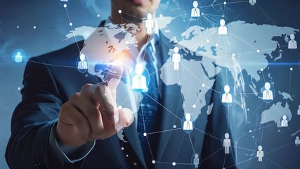 Businessman interacting with a global network, futuristic technology concept - Powered by Adobe