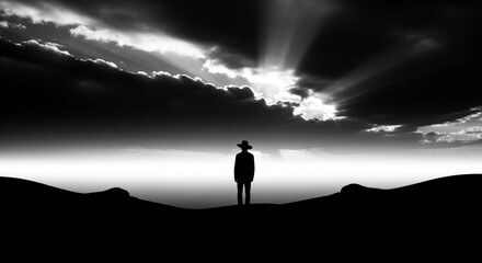 Dramatic Black and White Landscape: Solitary Silhouette on Horizon Under Sun Rays Breaking Through Dark Clouds, Evoking Hope and a Mysterious Journey