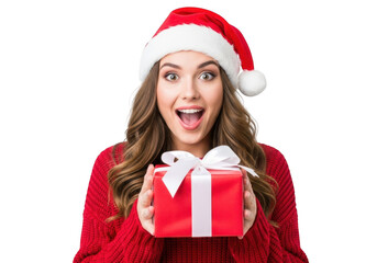 Surprised woman in santa hat holding a gift box isolated on transparent background