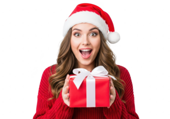 Surprised woman in santa hat holding a gift box isolated on transparent background