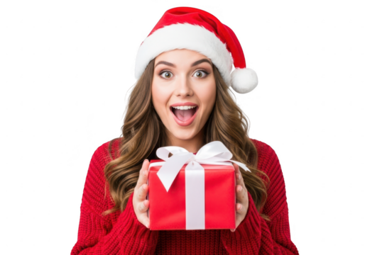 Surprised woman in santa hat holding a gift box isolated on transparent background