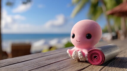 Fototapeta premium Cute Pink Octopus Mascot Enjoys a Sunny Day by the Beach With a Yoga Mat for Fitness and Wellness