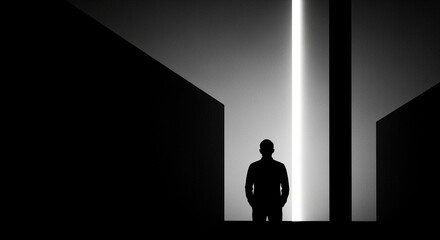 Solitary Silhouette of a Man Facing a Radiant Vertical Light in a Dark, Abstract Passage, Representing Hope, the Unknown, or a New Beginning