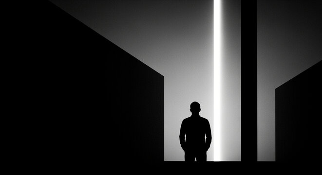 Solitary Silhouette of a Man Facing a Radiant Vertical Light in a Dark, Abstract Passage, Representing Hope, the Unknown, or a New Beginning