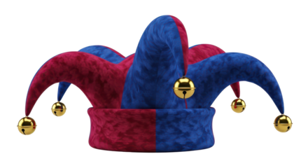 Red and Blue Velvet Jester Hat with Golden Bells Isolated on White Background