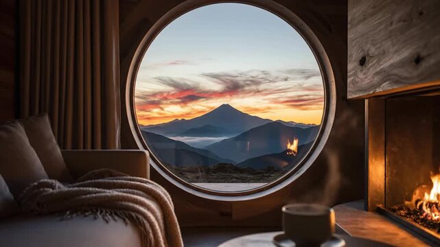Cozy interior view through a round window of mountain scenery at sunset, with a fireplace and warm drink