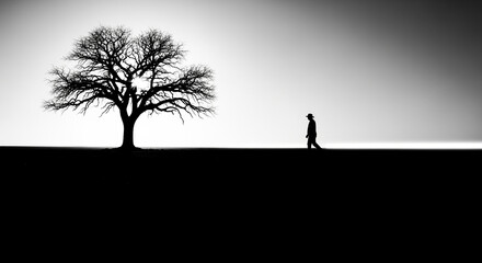 Solitary Figure Walking Past Bare Tree Silhouette in Stark Minimalist Black and White Landscape