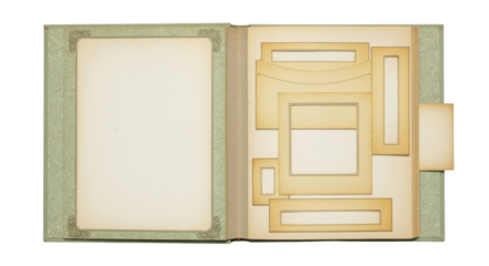 Open Vintage Scrapbook Photo Album Template with Blank Pages and Empty Frames isolated on White