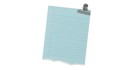 Light Blue Lined Note Paper with Torn Edge and Silver Binder Clip Isolated Illustration