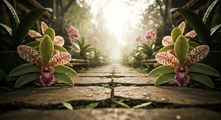 Dewy orchids mirror on a wet stone path into a bright tropical mist