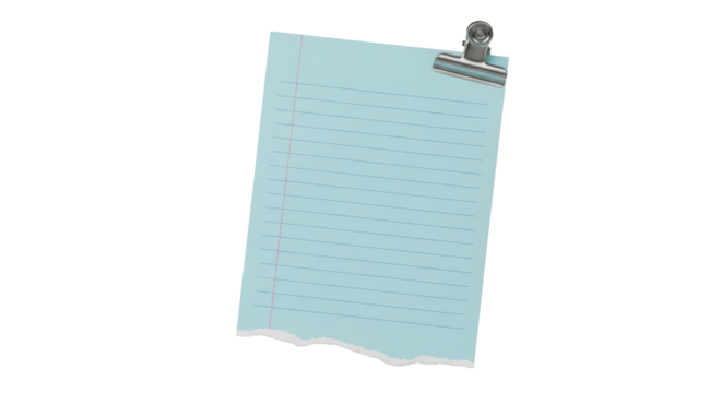 Light Blue Lined Note Paper with Torn Edge and Silver Binder Clip Isolated Illustration