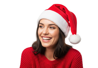 Young woman in santa hat laughing, isolated on transparent background