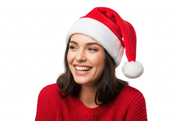 Young woman in santa hat laughing, isolated on transparent background