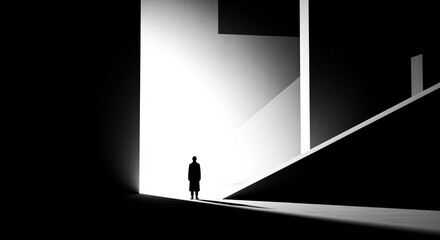 Solitary Silhouette in Stark Geometric Architecture: High Contrast Black and White Abstract Corridor of Light and Shadow