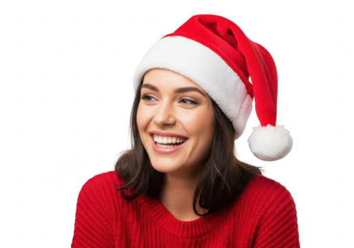 Young woman in santa hat laughing, isolated on transparent background