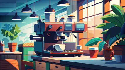 Modern coffee shop scene with stylish espresso machine and plants bathed in sunlight, creating a vibrant and inviting cafe atmosphere perfect for coffee lovers