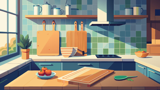 Stylish kitchen scene with vibrant colors and cooking essentials, perfect for modern home design inspiration and culinary content projects, eye-catching aesthetic