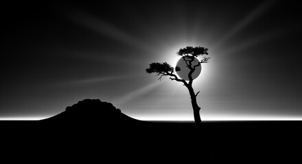 Dramatic Black and White Silhouette of a Lone Tree and Hill Against a Radiant Sunburst, Minimalist Landscape with High Contrast Light