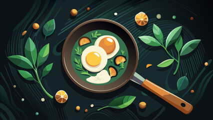 Delicious breakfast skillet with fresh greens and vibrant egg yolk, a modern culinary creation perfect for healthy lifestyle promotion and restaurant menus