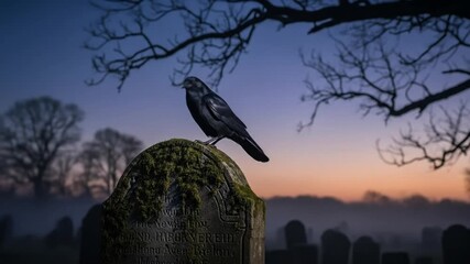 Mysterious Raven Perched on a Mossy Gravestone in a Foggy Cemetery at Dusk - Powered by Adobe