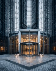 Tall glass office building with reflective facade and modern architectural lines, creating a polished contemporary urban scene suited for corporate editorial imagery